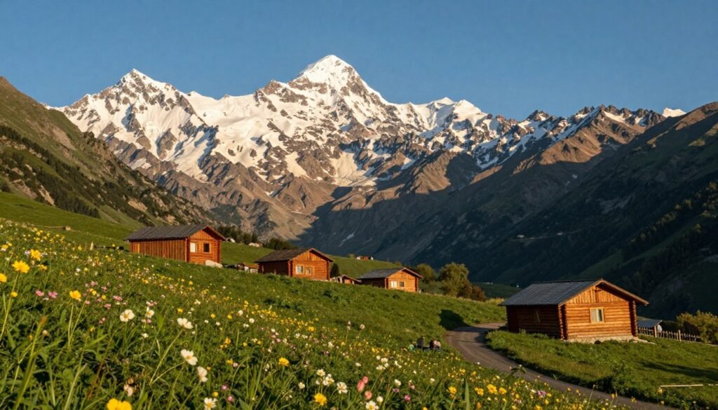 A breathtaking panoramic view of the imposing Kazbek Mountain in the Caucasus, showcasing its snow-capped peak against a clear blue sky. In the foreground, a lush green valley dotted with vibrant wildflowers, suggesting a serene hiking trail suitable for families. The middle ground features rustic wooden cabins, ideal for family lodgings, blending harmoniously with the natural landscape. In the distance, the majestic mountain rises dramatically, casting shadows that enhance its grandeur. The scene is bathed in warm, golden sunlight, creating an inviting atmosphere. The overall mood is one of adventure and safety, making it ideal for family experiences in nature. The image should be captured using a wide-angle lens to emphasize the scale of the mountains and the beauty of the valley below.