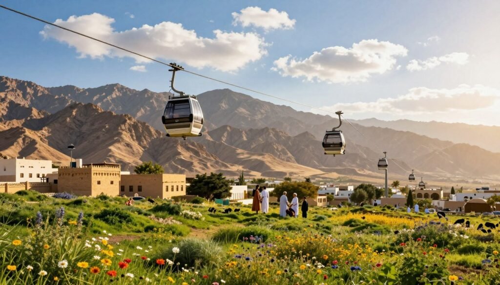 A breathtaking summer scene in Abha, Saudi Arabia, highlighting the natural beauty and vibrant culture of the region. In the foreground, a lush green landscape adorned with colorful wildflowers and traditional Saudi architecture. In the middle ground, the famous Al-Soudah cable car gliding gracefully through the air, with families enjoying the view dressed in modest casual clothing. The background features majestic, rugged mountains under a bright blue sky scattered with fluffy white clouds, creating a serene and inviting atmosphere. Soft sunlight casts warm, golden rays that enhance the rich colors of the scene. The composition is captured with a wide-angle lens, showcasing the stunning panoramic view and inviting the viewer into the picturesque summer escape that is Abha.