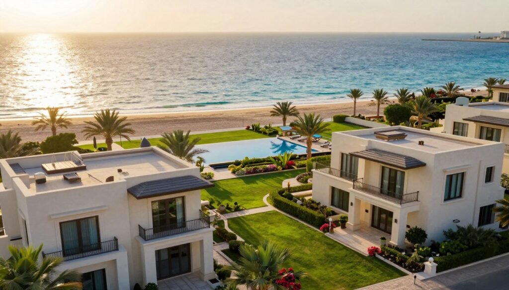 A breathtaking view of luxurious villas in Dhahrat Al-Arous, nestled along the serene coastline of Jeddah. In the foreground, showcase elegant, modern architectural designs with large windows and private balconies, surrounded by meticulously landscaped gardens featuring palm trees and vibrant flowers. The middle ground captures a beautifully manicured lawn leading to an infinity pool that merges with the tranquil sea. In the background, the shimmering blue waters of the Red Sea reflect the warm sunlight, with gentle waves lapping at the shore. The scene is illuminated by soft, golden hour lighting, casting a warm glow over the entire landscape. Convey a sense of relaxation and opulence, inviting viewers to imagine a peaceful retreat in this idyllic setting. A breathtaking view of luxurious villas in Dhahrat Al-Arous, nestled along the serene coastline of Jeddah. In the foreground, showcase elegant, modern architectural designs with large windows and private balconies, surrounded by meticulously landscaped gardens featuring palm trees and vibrant flowers. The middle ground captures a beautifully manicured lawn leading to an infinity pool that merges with the tranquil sea. In the background, the shimmering blue waters of the Red Sea reflect the warm sunlight, with gentle waves lapping at the shore. The scene is illuminated by soft, golden hour lighting, casting a warm glow over the entire landscape. Convey a sense of relaxation and opulence, inviting viewers to imagine a peaceful retreat in this idyllic setting.