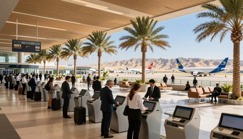 A bustling scene at the Red Sea International Airport (RSI), showcasing a modern, architecturally sleek terminal nestled amidst palm trees and desert landscapes. In the foreground, a few travelers in professional business attire are seen checking in at sleek, high-tech kiosks, their luggage nearby. The middle ground features spacious waiting areas with comfortable seating and large windows displaying planes on the tarmac, under a bright blue sky. In the background, the distinctive desert mountains fade into the distance, creating a sense of vastness. The lighting is warm and inviting, capturing the essence of a sunny day. The atmosphere should be lively yet organized, reflecting a hub of international travel and luxury. A bustling scene at the Red Sea International Airport (RSI), showcasing a modern, architecturally sleek terminal nestled amidst palm trees and desert landscapes. In the foreground, a few travelers in professional business attire are seen checking in at sleek, high-tech kiosks, their luggage nearby. The middle ground features spacious waiting areas with comfortable seating and large windows displaying planes on the tarmac, under a bright blue sky. In the background, the distinctive desert mountains fade into the distance, creating a sense of vastness. The lighting is warm and inviting, capturing the essence of a sunny day. The atmosphere should be lively yet organized, reflecting a hub of international travel and luxury.