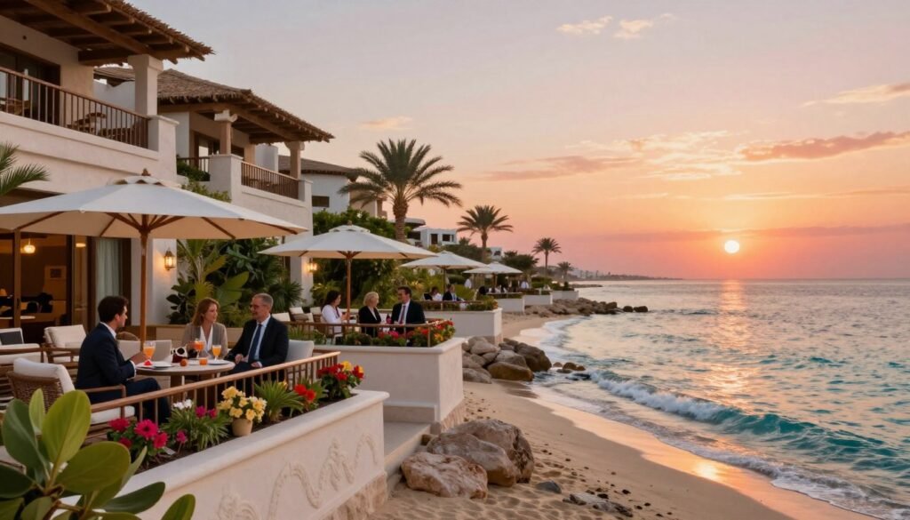 A luxurious beachfront view showcasing the best hotels along the Red Sea. In the foreground, feature elegantly designed hotel facades with balconies overlooking crystal-clear waters, adorned with lush greenery and tropical flowers. The middle ground highlights guests in professional business attire enjoying leisure time on the hotel terraces and patios, while sipping cocktails or having discussions. In the background, a breathtaking sunset paints the sky in warm hues of orange and pink, reflecting off the calm sea. Soft, diffused lighting enhances the serene atmosphere, with gentle waves lapping at the shore. The scene should evoke a feeling of exclusivity and relaxation, capturing the essence of high-end hospitality in a picturesque setting. A luxurious beachfront view showcasing the best hotels along the Red Sea. In the foreground, feature elegantly designed hotel facades with balconies overlooking crystal-clear waters, adorned with lush greenery and tropical flowers. The middle ground highlights guests in professional business attire enjoying leisure time on the hotel terraces and patios, while sipping cocktails or having discussions. In the background, a breathtaking sunset paints the sky in warm hues of orange and pink, reflecting off the calm sea. Soft, diffused lighting enhances the serene atmosphere, with gentle waves lapping at the shore. The scene should evoke a feeling of exclusivity and relaxation, capturing the essence of high-end hospitality in a picturesque setting.