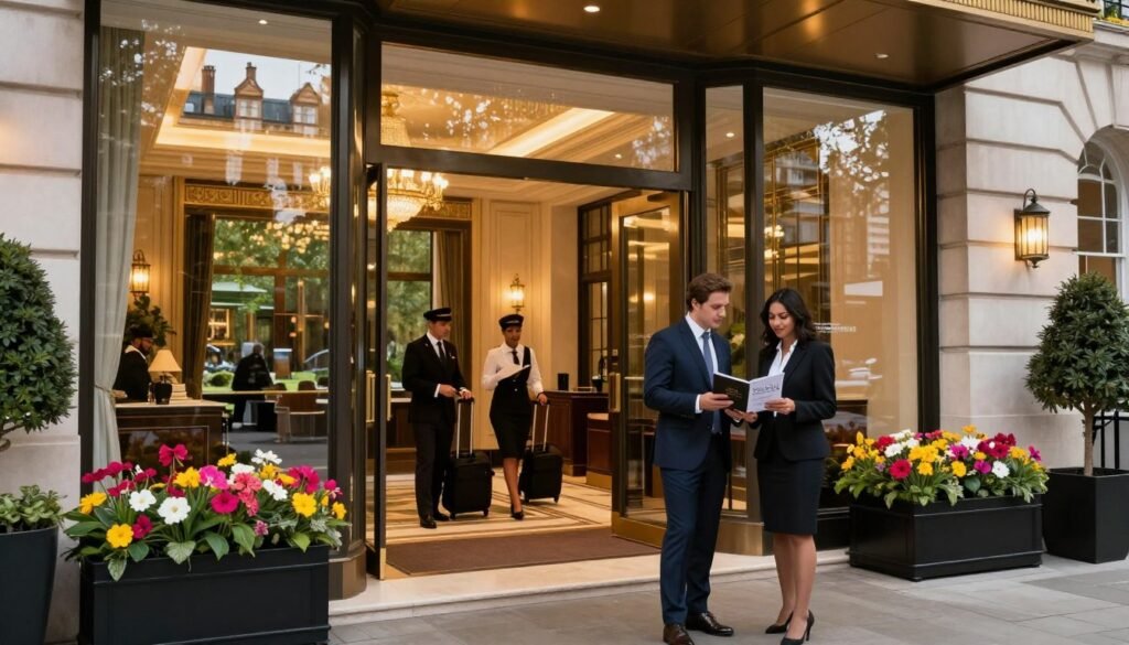 A luxurious five-star hotel entrance in London, showcasing elegant architecture with large glass doors and a grand lobby visible through the windows. The foreground features a couple, dressed in smart business attire, examining a hotel brochure, with a backdrop of vibrant flowers lining the entrance. In the middle ground, hotel staff in uniforms assist guests and carry luggage, creating a welcoming atmosphere. The background displays iconic London architecture, such as nearby Victorian buildings and the lush greenery of Hyde Park, softly illuminated by warm, golden hour lighting, enhancing the sense of opulence and charm. The scene conveys refinement and comfort, perfect for Saudi travelers seeking an appealing hotel experience. A luxurious five-star hotel entrance in London, showcasing elegant architecture with large glass doors and a grand lobby visible through the windows. The foreground features a couple, dressed in smart business attire, examining a hotel brochure, with a backdrop of vibrant flowers lining the entrance. In the middle ground, hotel staff in uniforms assist guests and carry luggage, creating a welcoming atmosphere. The background displays iconic London architecture, such as nearby Victorian buildings and the lush greenery of Hyde Park, softly illuminated by warm, golden hour lighting, enhancing the sense of opulence and charm. The scene conveys refinement and comfort, perfect for Saudi travelers seeking an appealing hotel experience.