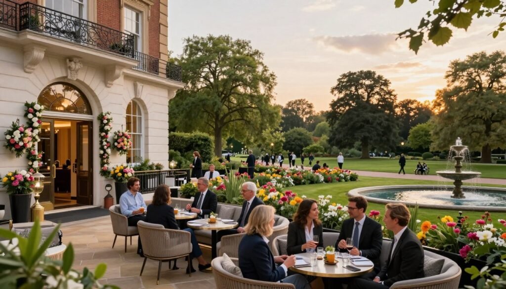 A luxurious five-star hotel near Hyde Park in London, showcasing an elegant façade with large windows and floral arrangements at the entrance. In the foreground, plush outdoor seating filled with guests in professional business attire, sipping beverages and enjoying the serene atmosphere. The middle ground features a beautifully manicured garden with vibrant flowers, gently swaying trees, and a subtle water fountain, creating a peaceful ambiance. In the background, iconic elements of Hyde Park, such as lush greenery and walking paths, are visible under a soft sunset glow. The scene is bathed in warm, inviting light, creating a sophisticated and relaxed atmosphere perfect for high-end travelers. The angle captures the hotel from a slight elevation to highlight the grandeur and proximity to the park. A luxurious five-star hotel near Hyde Park in London, showcasing an elegant façade with large windows and floral arrangements at the entrance. In the foreground, plush outdoor seating filled with guests in professional business attire, sipping beverages and enjoying the serene atmosphere. The middle ground features a beautifully manicured garden with vibrant flowers, gently swaying trees, and a subtle water fountain, creating a peaceful ambiance. In the background, iconic elements of Hyde Park, such as lush greenery and walking paths, are visible under a soft sunset glow. The scene is bathed in warm, inviting light, creating a sophisticated and relaxed atmosphere perfect for high-end travelers. The angle captures the hotel from a slight elevation to highlight the grandeur and proximity to the park.