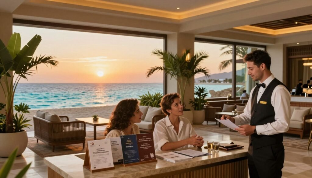 A luxurious hotel lobby at a Red Sea resort, showcasing an elegant booking area adorned with tropical plants and a stunning view of the sea through large glass windows. In the foreground, a well-dressed concierge assists a couple excitedly discussing exclusive offers and discounts. The middle ground features stylish seating areas and brochures highlighting special deals on exclusive accommodations. The background showcases the breathtaking Red Sea, with crystal clear waters and a vibrant sunset casting warm golden and orange hues, enhancing the inviting atmosphere. Soft ambient lighting complements the serene environment, creating a sense of relaxation and anticipation for a memorable stay. Cozy and welcoming, emphasizing the theme of luxury travel and special offers. A luxurious hotel lobby at a Red Sea resort, showcasing an elegant booking area adorned with tropical plants and a stunning view of the sea through large glass windows. In the foreground, a well-dressed concierge assists a couple excitedly discussing exclusive offers and discounts. The middle ground features stylish seating areas and brochures highlighting special deals on exclusive accommodations. The background showcases the breathtaking Red Sea, with crystal clear waters and a vibrant sunset casting warm golden and orange hues, enhancing the inviting atmosphere. Soft ambient lighting complements the serene environment, creating a sense of relaxation and anticipation for a memorable stay. Cozy and welcoming, emphasizing the theme of luxury travel and special offers.
