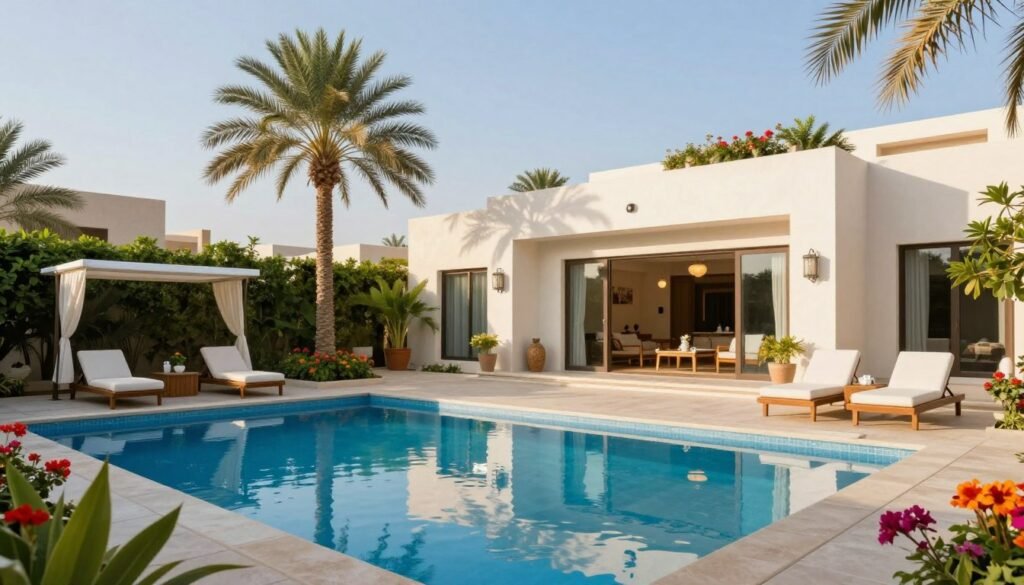 A luxurious private chalet in Riyadh with a stunning private pool, surrounded by lush greenery and vibrant flowers. In the foreground, the clear blue water of the pool reflects the sunny sky, with elegant sun loungers and shaded seating areas nearby, inviting relaxation. In the middle ground, the chalet features modern architecture with large windows that allow natural light to flood the interior, showcasing tasteful, family-friendly decor. In the background, palm trees sway gently, and a clear blue sky arches above, creating a serene atmosphere. The scene is bathed in warm afternoon sunlight, enhancing the inviting mood. The image should convey a sense of tranquility and luxury suitable for family gatherings. A luxurious private chalet in Riyadh with a stunning private pool, surrounded by lush greenery and vibrant flowers. In the foreground, the clear blue water of the pool reflects the sunny sky, with elegant sun loungers and shaded seating areas nearby, inviting relaxation. In the middle ground, the chalet features modern architecture with large windows that allow natural light to flood the interior, showcasing tasteful, family-friendly decor. In the background, palm trees sway gently, and a clear blue sky arches above, creating a serene atmosphere. The scene is bathed in warm afternoon sunlight, enhancing the inviting mood. The image should convey a sense of tranquility and luxury suitable for family gatherings.