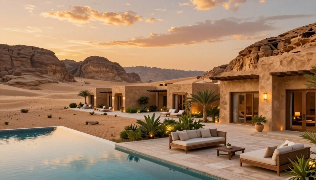 A luxurious resort in AlUla, Saudi Arabia, showcasing stunning architecture inspired by ancient cultures, with elegant outdoor terraces featuring plush seating and lush greenery. In the foreground, a tranquil infinity pool reflects the desert landscape, while in the middle ground, stylish resort villas blend seamlessly into the dramatic rock formations. The background highlights the breathtaking sandstone mountains under a vibrant sunset sky, casting warm golden hues. Soft ambient lighting creates a serene atmosphere, inviting relaxation and indulgence. The scene is captured from a slightly elevated angle to emphasize the grandeur of the resort, evoking a mood of opulence and tranquility, perfect for unwinding in a historical setting. A luxurious resort in AlUla, Saudi Arabia, showcasing stunning architecture inspired by ancient cultures, with elegant outdoor terraces featuring plush seating and lush greenery. In the foreground, a tranquil infinity pool reflects the desert landscape, while in the middle ground, stylish resort villas blend seamlessly into the dramatic rock formations. The background highlights the breathtaking sandstone mountains under a vibrant sunset sky, casting warm golden hues. Soft ambient lighting creates a serene atmosphere, inviting relaxation and indulgence. The scene is captured from a slightly elevated angle to emphasize the grandeur of the resort, evoking a mood of opulence and tranquility, perfect for unwinding in a historical setting.