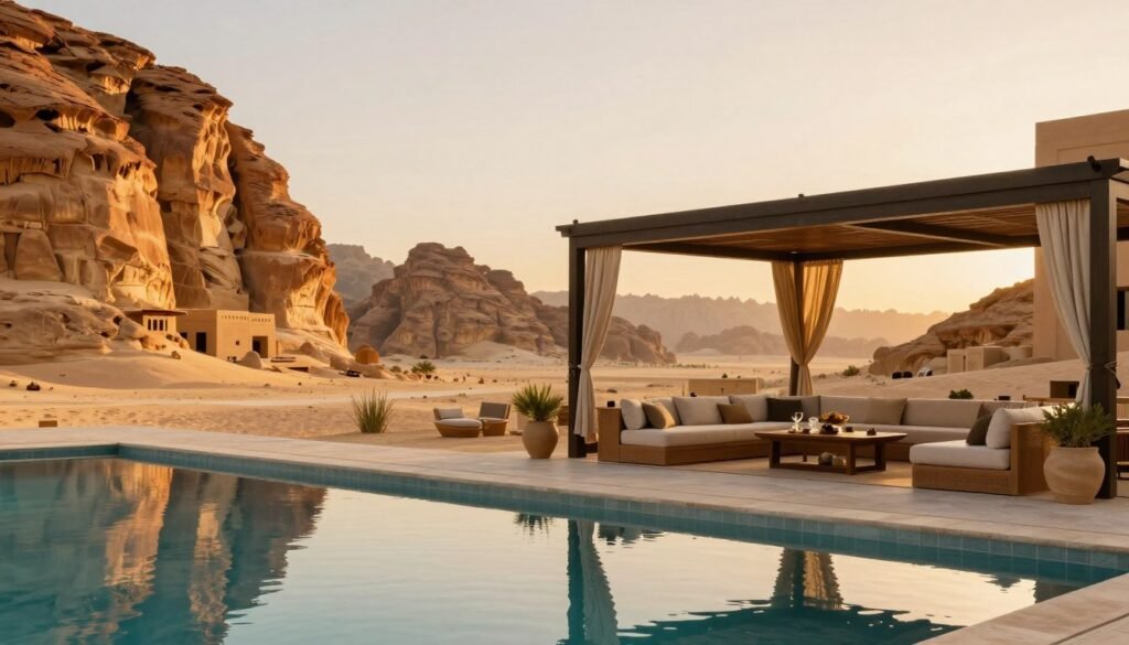 A luxurious resort in AlUla, showcasing elegant architecture with a blend of modern and traditional elements. In the foreground, a serene infinity pool reflects the surrounding stunning rock formations, inviting guests to relax. In the middle ground, a stylish outdoor lounge with plush seating and tasteful decor, ideal for enjoying meals or drinks while taking in the breathtaking views. The background features dramatic sandstone cliffs bathed in warm sunset light, enhancing the peaceful atmosphere. Soft, golden light illuminates the scene, emphasizing the luxurious feel and tranquility of the destination. The scene conveys a sense of elegance, luxury, and relaxation in a breathtaking natural landscape, encouraging travelers to indulge in the beauty of AlUla.