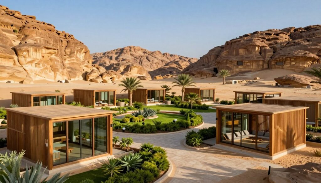 A luxurious view of Habitas Alula Resort nestled in the rocky landscapes of Alula, Saudi Arabia. In the foreground, showcase elegant wooden cabanas with contemporary, minimalist designs, featuring large glass windows reflecting the sunlight. In the middle ground, vibrant green gardens add a pop of color, interspersed with local desert plants and smooth stone pathways leading to private areas. The background reveals dramatic sandstone cliffs under a clear blue sky, with soft, warm sunlight casting gentle shadows. Capture an inviting atmosphere, emphasizing relaxation and tranquility. Use a high-angle perspective to showcase the resort's layout harmoniously integrated with its natural surroundings. The scene should exude a serene yet upscale feel, perfect for a premium resort experience. A luxurious view of Habitas Alula Resort nestled in the rocky landscapes of Alula, Saudi Arabia. In the foreground, showcase elegant wooden cabanas with contemporary, minimalist designs, featuring large glass windows reflecting the sunlight. In the middle ground, vibrant green gardens add a pop of color, interspersed with local desert plants and smooth stone pathways leading to private areas. The background reveals dramatic sandstone cliffs under a clear blue sky, with soft, warm sunlight casting gentle shadows. Capture an inviting atmosphere, emphasizing relaxation and tranquility. Use a high-angle perspective to showcase the resort's layout harmoniously integrated with its natural surroundings. The scene should exude a serene yet upscale feel, perfect for a premium resort experience.