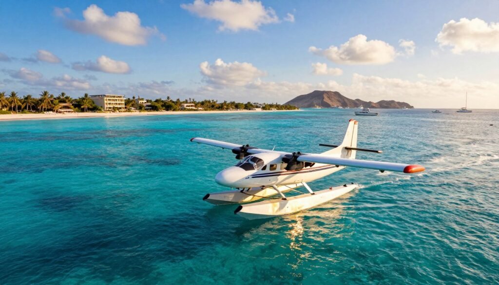 A modern seaplane flying gracefully above the crystal-clear turquoise waters of the Red Sea, showcasing the vibrant marine life beneath. In the foreground, the sleek silhouette of the seaplane reflects the sun's warm golden rays, while scattered clouds drift lazily across an azure sky. In the middle ground, a distant tropical resort is visible, nestled among lush greenery and white sandy beaches, hinting at luxury accommodations. The background features the rugged coastline of the Red Sea, dotted with yachts and small boats, evoking a sense of adventure. The lighting is bright and inviting, conveying a mood of tranquility and excitement for travelers. Capture the scene from a slightly elevated angle, emphasizing both the seaplane's dynamic movement and the stunning natural beauty of the landscape below. A modern seaplane flying gracefully above the crystal-clear turquoise waters of the Red Sea, showcasing the vibrant marine life beneath. In the foreground, the sleek silhouette of the seaplane reflects the sun's warm golden rays, while scattered clouds drift lazily across an azure sky. In the middle ground, a distant tropical resort is visible, nestled among lush greenery and white sandy beaches, hinting at luxury accommodations. The background features the rugged coastline of the Red Sea, dotted with yachts and small boats, evoking a sense of adventure. The lighting is bright and inviting, conveying a mood of tranquility and excitement for travelers. Capture the scene from a slightly elevated angle, emphasizing both the seaplane's dynamic movement and the stunning natural beauty of the landscape below.