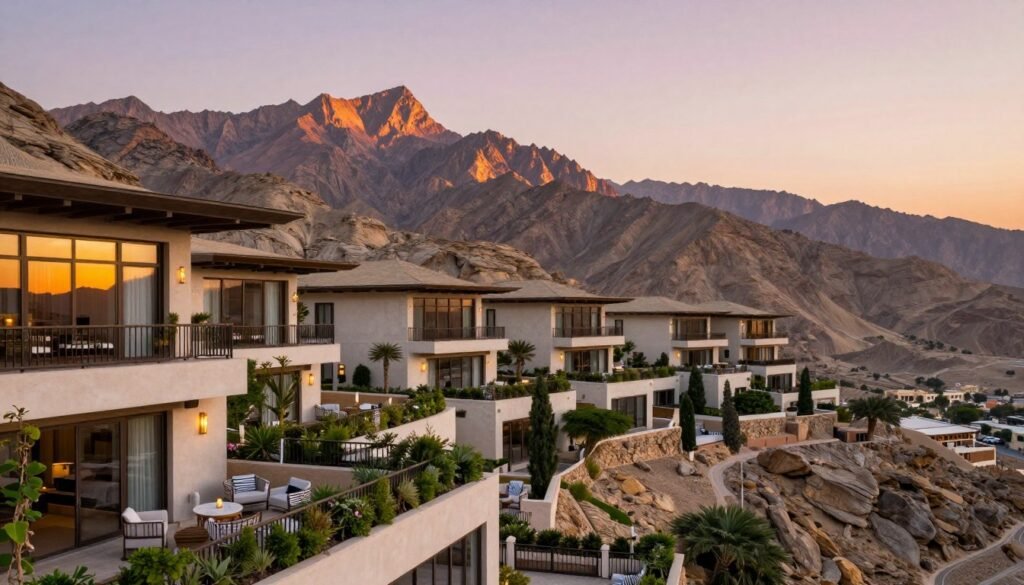 A panoramic view of luxury hotels nestled in the mountainous landscape of Taif, Saudi Arabia. In the foreground, a stylish hotel balcony adorned with greenery and elegant furniture, offers breathtaking views of the majestic mountains. The middle ground features a series of contemporary hotels, showcasing modern architecture blending with natural surroundings, with large windows reflecting the sunset. In the background, dramatic peaks bathed in warm golden and soft pink hues of a setting sun, creating a serene and inviting atmosphere. The scene is illuminated with soft, natural lighting, emphasizing the tranquility and beauty of the high-altitude location. The overall mood is peaceful and relaxing, ideal for vacationers seeking an escape in nature.
