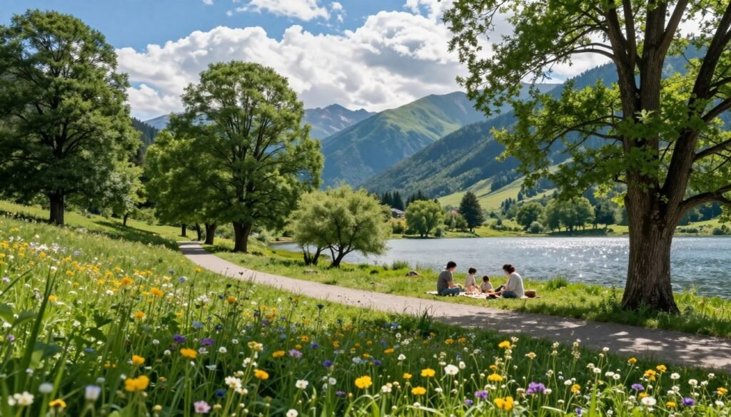 A picturesque national park in Georgia, showcasing lush greenery and vibrant wildflowers in the foreground, with a tranquil path winding through the landscape. In the middle ground, a serene family picnic scene features a family in modest casual clothing, enjoying the beauty of nature among towering trees and a sparkling lake. The background reveals majestic mountains under a bright blue sky, with soft, fluffy clouds casting gentle shadows on the landscape. The sunlight filters through the trees, creating a warm, inviting atmosphere that encourages exploration and relaxation. The overall mood is peaceful and family-friendly, ideal for showcasing the natural beauty of Georgia’s national parks.