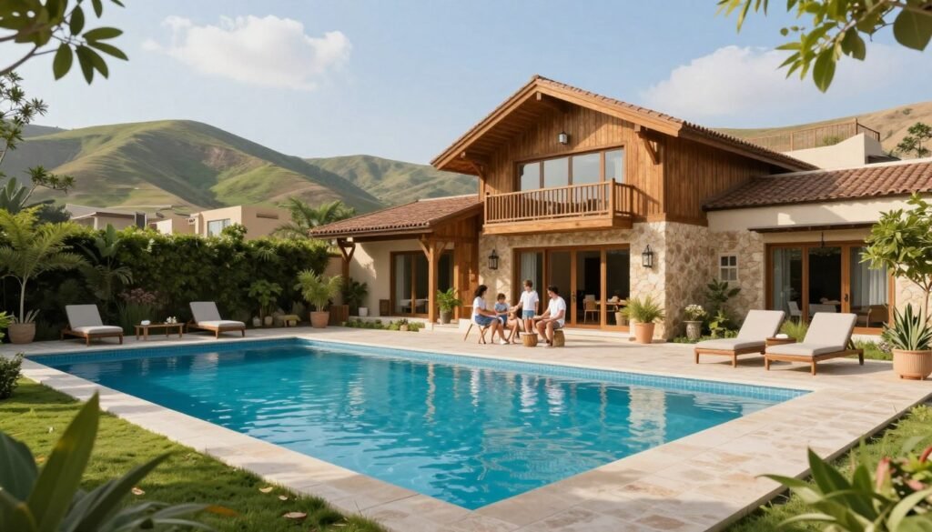 A picturesque private chalet with a swimming pool specifically designed for families in Riyadh, showcasing a serene atmosphere for gatherings. In the foreground, include a crystal-clear pool surrounded by lush greenery and comfortable lounge chairs. In the middle ground, a charming chalet made of wooden and stone materials, featuring large windows and a welcoming entrance, perfect for family events. The background consists of gently rolling hills and a bright blue sky, enhancing the cozy outdoor environment. The scene is bathed in soft, warm sunlight, creating a tranquil and inviting mood. Capture this idyllic setting from a slightly elevated angle to encompass the entire ensemble, emphasizing the enjoyable family experience.