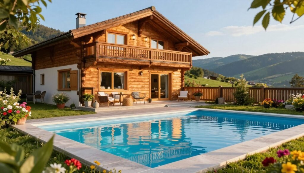 A picturesque rental chalet with a private swimming pool, set in a serene outdoor environment. The foreground features the inviting pool with crystal-clear water reflecting the sunlight, surrounded by lush greenery and colorful flowers. In the middle ground, a charming wooden chalet with elegant architecture showcasing large windows and a cozy porch, decorated with tasteful outdoor furniture. The background includes soft rolling hills under a clear blue sky, suggesting tranquility and privacy. Warm, golden hour lighting creates a welcoming and relaxing atmosphere. The scene should evoke a sense of family-friendly leisure and affordable luxury, making it ideal for gatherings and special occasions. A picturesque rental chalet with a private swimming pool, set in a serene outdoor environment. The foreground features the inviting pool with crystal-clear water reflecting the sunlight, surrounded by lush greenery and colorful flowers. In the middle ground, a charming wooden chalet with elegant architecture showcasing large windows and a cozy porch, decorated with tasteful outdoor furniture. The background includes soft rolling hills under a clear blue sky, suggesting tranquility and privacy. Warm, golden hour lighting creates a welcoming and relaxing atmosphere. The scene should evoke a sense of family-friendly leisure and affordable luxury, making it ideal for gatherings and special occasions.