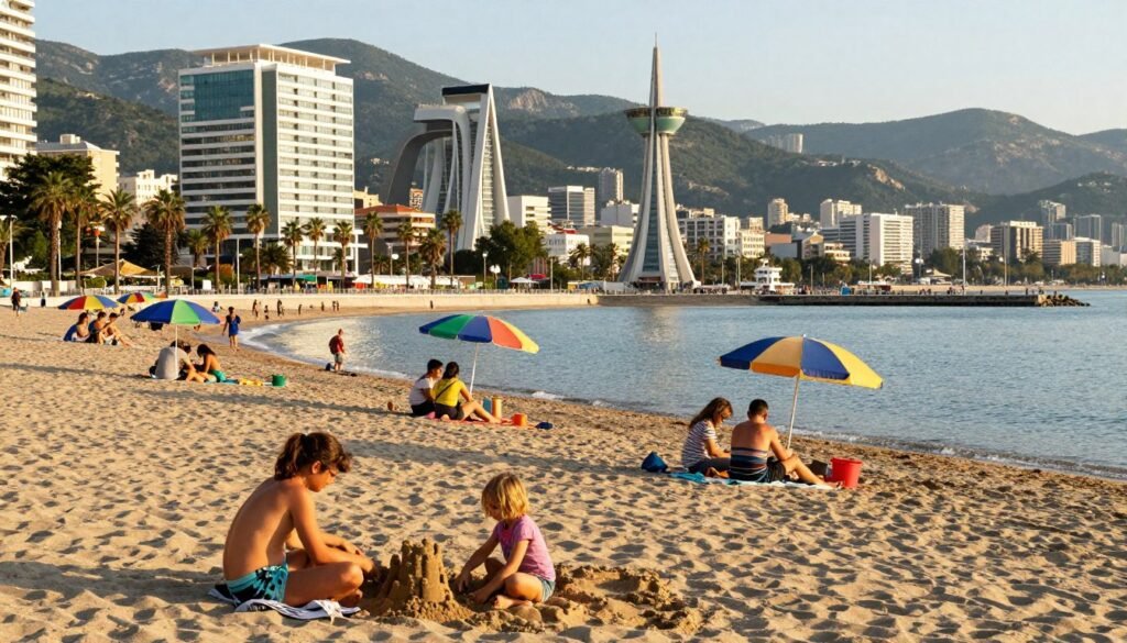 A picturesque view of Batumi, Georgia, showcasing its vibrant beaches and family-friendly activities. In the foreground, families enjoying time together on the sandy beach, children building sandcastles, parents relaxing under colorful umbrellas. The middle ground features Batumi's iconic modern architecture, with the famous Alphabet Tower and Sea Port, surrounded by lush palm trees. In the background, the gentle waves of the Black Sea glisten under bright sunlight, and the mountains provide a stunning backdrop. The scene is captured during golden hour, with warm, soft lighting creating a welcoming and joyful atmosphere. The image should be vibrant and inviting, emphasizing leisure and family fun. Use a wide-angle lens to capture the breadth of the scene, ensuring a sense of spaciousness.