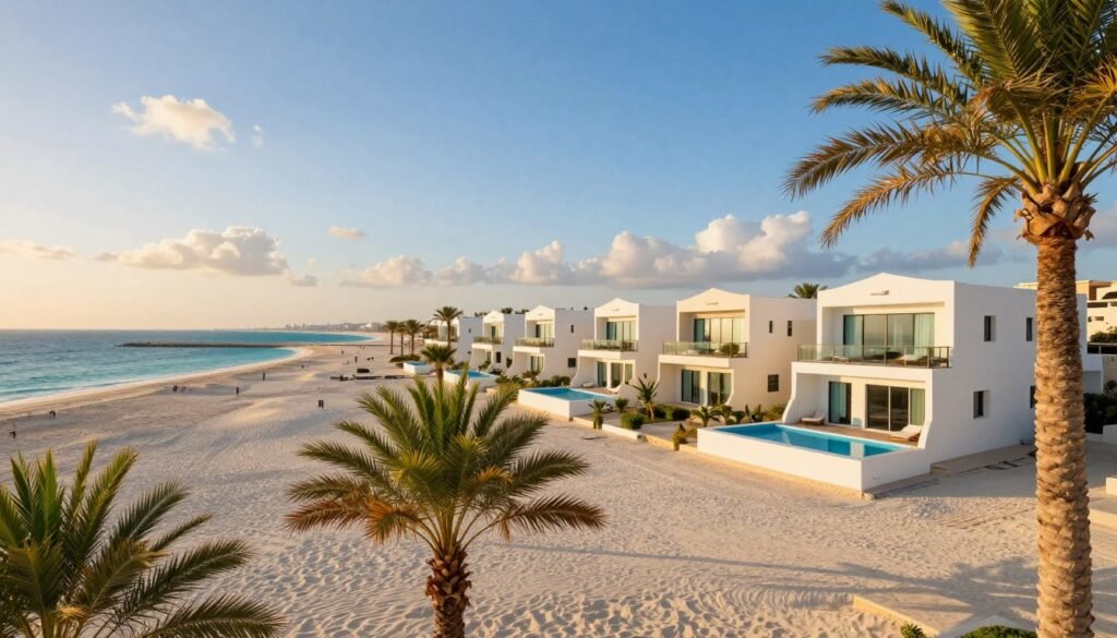 A picturesque view of "Durrat Al Arous" in Jeddah, featuring luxurious beachfront villas and chalets. In the foreground, vibrant palm trees sway gently in the warm breeze, casting shadows on the white sandy beach. The middle ground showcases modern, elegant villas with spacious balconies and shimmering pools, overlooking the azure waters of the Red Sea. In the background, the horizon stretches into a clear blue sky, where soft clouds drift lazily. The lighting is warm and inviting, capturing the golden hour just before sunset, creating a serene and relaxing atmosphere. The scene evokes a sense of tranquility and luxury, perfect for a seaside holiday retreat. A picturesque view of "Durrat Al Arous" in Jeddah, featuring luxurious beachfront villas and chalets. In the foreground, vibrant palm trees sway gently in the warm breeze, casting shadows on the white sandy beach. The middle ground showcases modern, elegant villas with spacious balconies and shimmering pools, overlooking the azure waters of the Red Sea. In the background, the horizon stretches into a clear blue sky, where soft clouds drift lazily. The lighting is warm and inviting, capturing the golden hour just before sunset, creating a serene and relaxing atmosphere. The scene evokes a sense of tranquility and luxury, perfect for a seaside holiday retreat.
