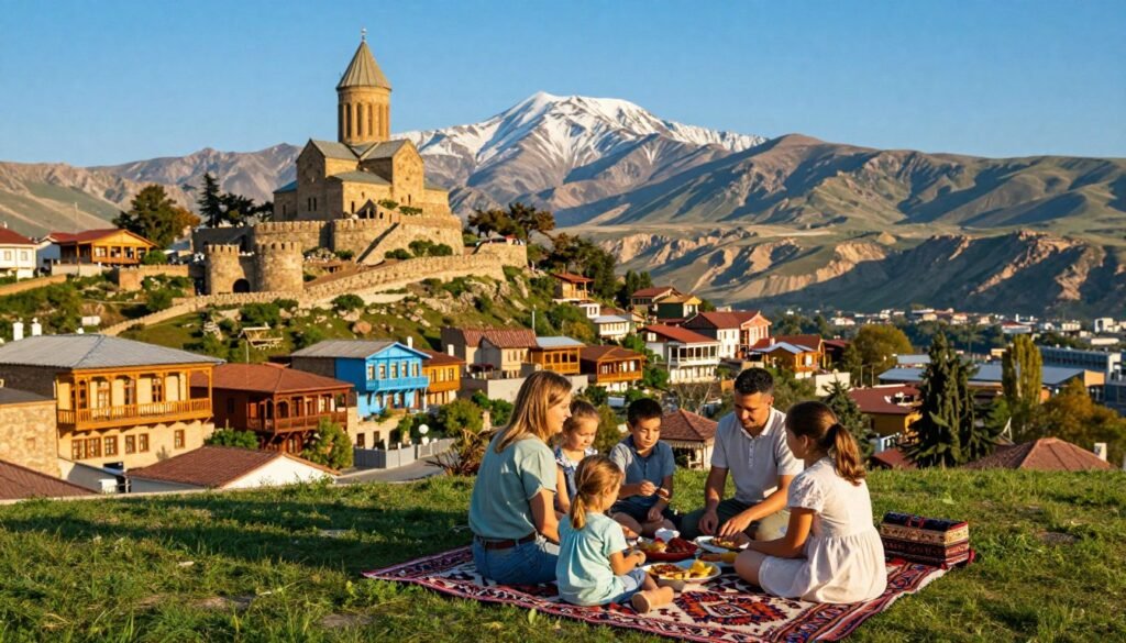 A picturesque view of Georgia's stunning tourist attractions, showcasing the vibrant colors of Tbilisi. In the foreground, a family of five, dressed in modest casual attire, is enjoying a scenic picnic with traditional Georgian carpets and food. In the middle ground, the iconic Tbilisi Old Town, featuring colorful wooden balconies and the Narikala Fortress on the hills, adds historical charm. In the background, the majestic Caucasus Mountains rise under a clear blue sky. The lighting is warm and inviting, capturing the golden hour's glow, enhancing the mood of togetherness and exploration. A wide-angle perspective captures the beauty and vibrancy of this ideal family destination in Georgia.