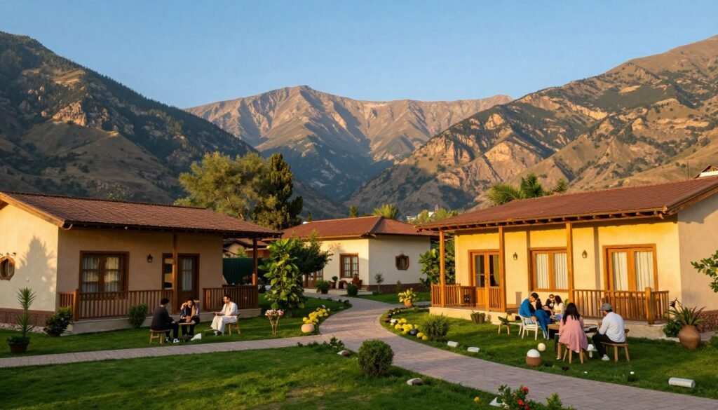 A picturesque view of affordable hotels in Al-Shifa, surrounded by stunning mountain landscapes. In the foreground, there are charming, budget-friendly hotel buildings with inviting architecture, displaying warm, welcoming colors. Guests can be seen enjoying the outdoor spaces, such as gardens and seating areas, all dressed in modest casual clothing. The middle ground showcases beautifully manicured lawns and walking paths that lead through the lush greenery, creating a serene atmosphere. In the background, majestic mountains rise under a clear blue sky, bathed in soft, golden sunlight during the golden hour. The overall mood is tranquil and inviting, with a focus on economical yet pleasant accommodations, ideal for travelers seeking value amidst natural beauty. A picturesque view of affordable hotels in Al-Shifa, surrounded by stunning mountain landscapes. In the foreground, there are charming, budget-friendly hotel buildings with inviting architecture, displaying warm, welcoming colors. Guests can be seen enjoying the outdoor spaces, such as gardens and seating areas, all dressed in modest casual clothing. The middle ground showcases beautifully manicured lawns and walking paths that lead through the lush greenery, creating a serene atmosphere. In the background, majestic mountains rise under a clear blue sky, bathed in soft, golden sunlight during the golden hour. The overall mood is tranquil and inviting, with a focus on economical yet pleasant accommodations, ideal for travelers seeking value amidst natural beauty.
