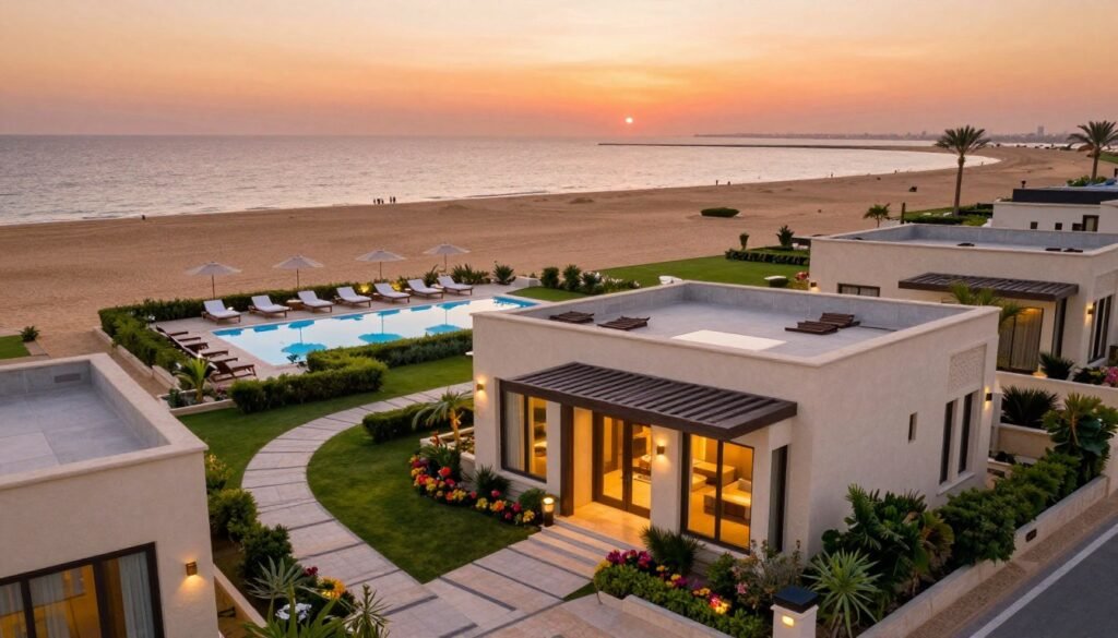 A picturesque view of luxurious villas in the serene beachfront of Durat Al Arous, Jeddah. In the foreground, a beautifully designed villa with modern architecture, featuring large glass windows and a welcoming entrance surrounded by lush greenery and colorful flowers. The middle layer showcases well-maintained pathways leading to a shimmering blue pool, with elegant lounge chairs and umbrellas perfectly arranged for relaxation. The background features soft golden sands and the calm red sea at sunset, casting a warm, inviting glow across the scene. The atmosphere should evoke tranquility and luxury, with a warm color palette and soft lighting to enhance the serene ambiance. The image should be shot from a slightly elevated angle to capture both the villas and the stunning seaside view. A picturesque view of luxurious villas in the serene beachfront of Durat Al Arous, Jeddah. In the foreground, a beautifully designed villa with modern architecture, featuring large glass windows and a welcoming entrance surrounded by lush greenery and colorful flowers. The middle layer showcases well-maintained pathways leading to a shimmering blue pool, with elegant lounge chairs and umbrellas perfectly arranged for relaxation. The background features soft golden sands and the calm red sea at sunset, casting a warm, inviting glow across the scene. The atmosphere should evoke tranquility and luxury, with a warm color palette and soft lighting to enhance the serene ambiance. The image should be shot from a slightly elevated angle to capture both the villas and the stunning seaside view.