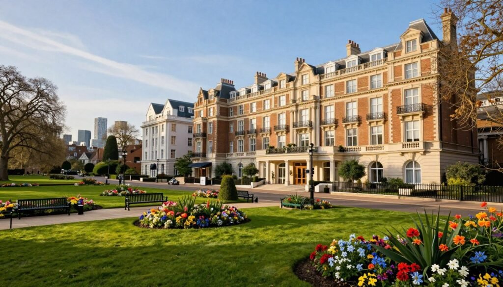 A picturesque view of luxury hotels adjacent to Hyde Park in London, showcasing elegant architecture with Victorian and modern elements. In the foreground, beautifully manicured gardens with lush green grass and vibrant flower beds, dotted with stylish benches. The middle ground features a selection of upscale hotels with large windows, inviting balconies, and welcoming entrances, all set against a backdrop of Hyde Park's serene walking paths and trees. The background captures the iconic skyline of London under a clear blue sky, with soft, warm sunlight casting gentle shadows. This image should evoke a feeling of tranquility and sophistication, perfect for those seeking luxury accommodations in a prime location. A wide-angle perspective that highlights the grandeur of the scene, with a focus on inviting colors and high-definition clarity. A picturesque view of luxury hotels adjacent to Hyde Park in London, showcasing elegant architecture with Victorian and modern elements. In the foreground, beautifully manicured gardens with lush green grass and vibrant flower beds, dotted with stylish benches. The middle ground features a selection of upscale hotels with large windows, inviting balconies, and welcoming entrances, all set against a backdrop of Hyde Park's serene walking paths and trees. The background captures the iconic skyline of London under a clear blue sky, with soft, warm sunlight casting gentle shadows. This image should evoke a feeling of tranquility and sophistication, perfect for those seeking luxury accommodations in a prime location. A wide-angle perspective that highlights the grandeur of the scene, with a focus on inviting colors and high-definition clarity.