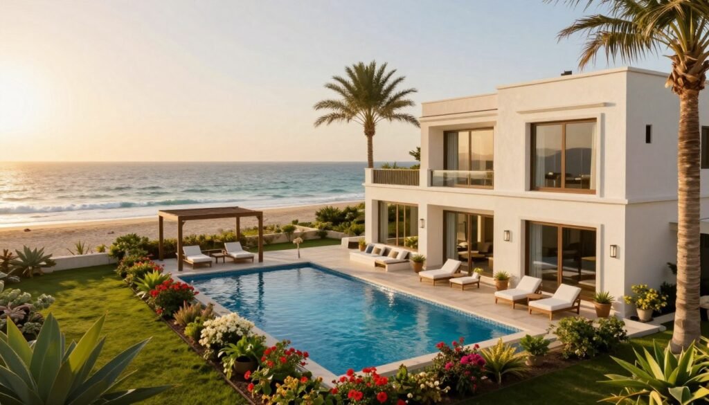 A picturesque villa for rent in the luxurious beachfront community of Durat Al Arous, Jeddah. In the foreground, showcase a stunning modern villa with elegant architecture, large windows reflecting sunlight, surrounded by lush greenery and vibrant flowers. In the middle ground, highlight a beautiful swimming pool that glistens under the warm sun, with comfortable outdoor seating and a shaded pergola nearby. In the background, a serene view of the Red Sea with gentle waves lapping at the shore. The scene is bathed in golden hour lighting, creating a warm and inviting atmosphere. Incorporate palm trees swaying gently in the breeze to emphasize the tranquil coastal vibe. Render the image with a slight angle to capture both the villa and the ocean view harmoniously, evoking a sense of peace and luxury in a desirable rental location. A picturesque villa for rent in the luxurious beachfront community of Durat Al Arous, Jeddah. In the foreground, showcase a stunning modern villa with elegant architecture, large windows reflecting sunlight, surrounded by lush greenery and vibrant flowers. In the middle ground, highlight a beautiful swimming pool that glistens under the warm sun, with comfortable outdoor seating and a shaded pergola nearby. In the background, a serene view of the Red Sea with gentle waves lapping at the shore. The scene is bathed in golden hour lighting, creating a warm and inviting atmosphere. Incorporate palm trees swaying gently in the breeze to emphasize the tranquil coastal vibe. Render the image with a slight angle to capture both the villa and the ocean view harmoniously, evoking a sense of peace and luxury in a desirable rental location.