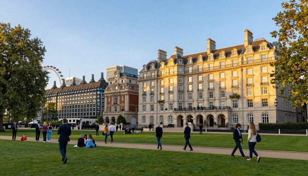 A scenic view of elegant hotels surrounding Hyde Park, London, showcasing a blend of Victorian and modern architecture. In the foreground, a lush green area with families and travelers strolling, enjoying the park's serenity. The middle ground features the stunning facades of upscale hotels, with large windows reflecting the warm, golden glow of a late afternoon sun. People dressed in professional business attire and modest casual clothing can be seen engaging in conversation and leisure activities. The background reveals iconic London skyline elements, such as the London Eye or Big Ben, contrasted against a clear blue sky. The atmosphere is inviting and vibrant, capturing the essence of a luxurious yet relaxing stay close to nature and city life. The lens is set to capture a wide-angle view, emphasizing the grandeur of both the hotels and the park. A scenic view of elegant hotels surrounding Hyde Park, London, showcasing a blend of Victorian and modern architecture. In the foreground, a lush green area with families and travelers strolling, enjoying the park's serenity. The middle ground features the stunning facades of upscale hotels, with large windows reflecting the warm, golden glow of a late afternoon sun. People dressed in professional business attire and modest casual clothing can be seen engaging in conversation and leisure activities. The background reveals iconic London skyline elements, such as the London Eye or Big Ben, contrasted against a clear blue sky. The atmosphere is inviting and vibrant, capturing the essence of a luxurious yet relaxing stay close to nature and city life. The lens is set to capture a wide-angle view, emphasizing the grandeur of both the hotels and the park.