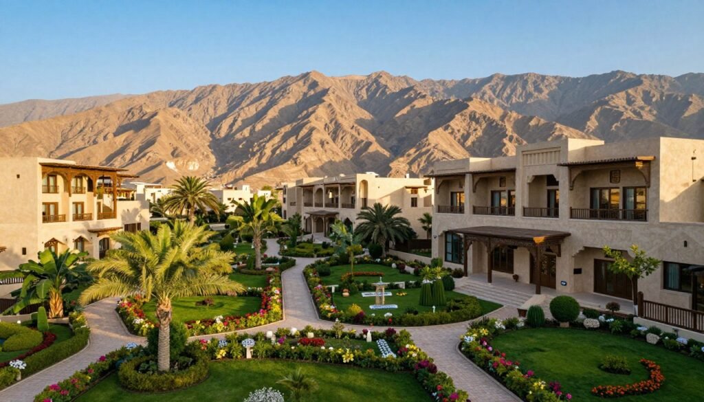 A scenic view of hotels in Al-Hada, Taif, nestled in the mountains, showcasing a blend of traditional and modern architectural styles. In the foreground, lush, green gardens with vibrant flowers and decorative pathways leading to the hotel entrances. The middle ground features elegant hotel buildings, some with large balconies overlooking breathtaking mountain vistas. In the background, majestic, rugged mountains under a clear blue sky. The scene is illuminated by soft, golden sunlight, creating a warm and inviting atmosphere, captured from a slightly elevated angle. The composition conveys a sense of tranquility and luxury, inviting potential visitors to explore these serene accommodations. A scenic view of hotels in Al-Hada, Taif, nestled in the mountains, showcasing a blend of traditional and modern architectural styles. In the foreground, lush, green gardens with vibrant flowers and decorative pathways leading to the hotel entrances. The middle ground features elegant hotel buildings, some with large balconies overlooking breathtaking mountain vistas. In the background, majestic, rugged mountains under a clear blue sky. The scene is illuminated by soft, golden sunlight, creating a warm and inviting atmosphere, captured from a slightly elevated angle. The composition conveys a sense of tranquility and luxury, inviting potential visitors to explore these serene accommodations.