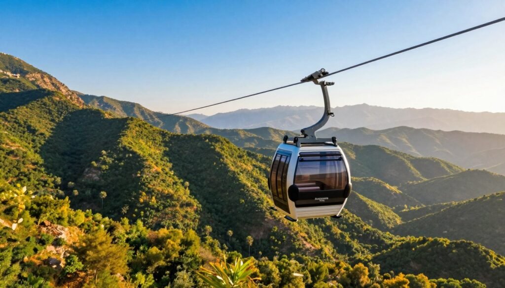 A scenic view of the Al-Sooda Cable Car in Abha during the summer of 2026. In the foreground, a modern cable car glides smoothly along its suspended line, showcasing a sleek design and panoramic windows. The middle ground features lush, green mountains under a clear blue sky, with hints of golden sunlight filtering through the trees, creating a warm and inviting atmosphere. In the background, a hazy outline of distant peaks adds depth to the landscape. The lighting is bright and vibrant, evoking a cheerful summertime mood. Capture the essence of adventure and exploration, emphasizing the beauty of the natural surroundings. The angle should provide a dynamic perspective that highlights both the cable car and the breathtaking scenery without any text or distractions. A scenic view of the Al-Sooda Cable Car in Abha during the summer of 2026. In the foreground, a modern cable car glides smoothly along its suspended line, showcasing a sleek design and panoramic windows. The middle ground features lush, green mountains under a clear blue sky, with hints of golden sunlight filtering through the trees, creating a warm and inviting atmosphere. In the background, a hazy outline of distant peaks adds depth to the landscape. The lighting is bright and vibrant, evoking a cheerful summertime mood. Capture the essence of adventure and exploration, emphasizing the beauty of the natural surroundings. The angle should provide a dynamic perspective that highlights both the cable car and the breathtaking scenery without any text or distractions.