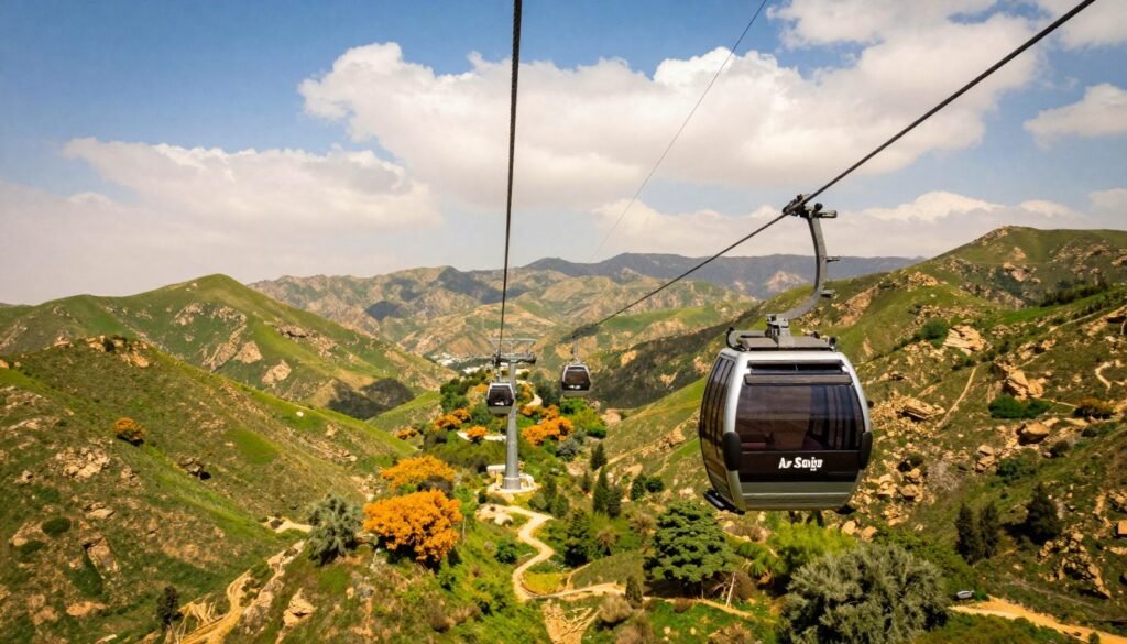 A scenic view of the Al-Soudah Cable Car in Abha, Saudi Arabia, capturing the stunning landscape from a gondola perspective. In the foreground, focus on a modern cable car gliding smoothly above lush, green mountains. The middle ground should feature rolling hills and vibrant trees, creating a sense of adventure and excitement. The background should display a clear blue sky with soft, fluffy clouds, enhancing the bright and inviting atmosphere. Use warm, natural lighting to convey a summer day, emphasizing the colors of nature. The angle should be slightly tilted from below, looking up at the cable car, to illustrate height and the breathtaking views. The entire scene should evoke a sense of wonder and exploration. A scenic view of the Al-Soudah Cable Car in Abha, Saudi Arabia, capturing the stunning landscape from a gondola perspective. In the foreground, focus on a modern cable car gliding smoothly above lush, green mountains. The middle ground should feature rolling hills and vibrant trees, creating a sense of adventure and excitement. The background should display a clear blue sky with soft, fluffy clouds, enhancing the bright and inviting atmosphere. Use warm, natural lighting to convey a summer day, emphasizing the colors of nature. The angle should be slightly tilted from below, looking up at the cable car, to illustrate height and the breathtaking views. The entire scene should evoke a sense of wonder and exploration.