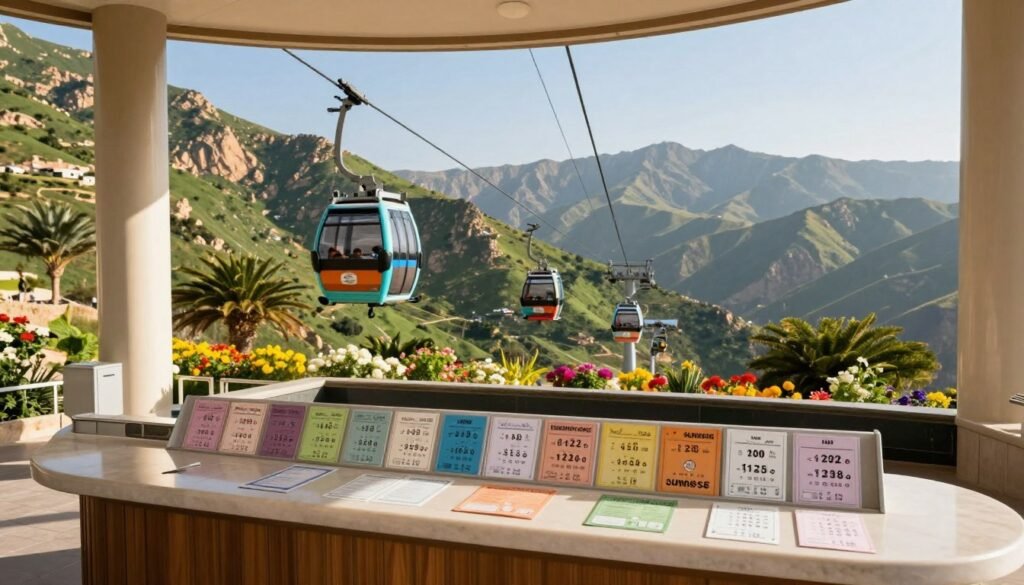 A scenic view of the Al-Soudah cable car station in Abha, Saudi Arabia, showcasing the current ticket prices for summer 2026. In the foreground, display an elegant ticket counter with neatly arranged tickets, emphasizing clarity on pricing. The middle ground should show the modern cable cars, colorful and inviting, ascending the lush green mountains of Al-Soudah, surrounded by vibrant floral scenery. In the background, depict a panoramic view of the majestic mountainous landscape under a clear blue sky, with soft sunlight casting gentle shadows. Create a warm and inviting atmosphere, conveying a sense of adventure and excitement. The composition should be balanced, with a focus on the cable car experience while capturing the beauty of the natural surroundings. A scenic view of the Al-Soudah cable car station in Abha, Saudi Arabia, showcasing the current ticket prices for summer 2026. In the foreground, display an elegant ticket counter with neatly arranged tickets, emphasizing clarity on pricing. The middle ground should show the modern cable cars, colorful and inviting, ascending the lush green mountains of Al-Soudah, surrounded by vibrant floral scenery. In the background, depict a panoramic view of the majestic mountainous landscape under a clear blue sky, with soft sunlight casting gentle shadows. Create a warm and inviting atmosphere, conveying a sense of adventure and excitement. The composition should be balanced, with a focus on the cable car experience while capturing the beauty of the natural surroundings.
