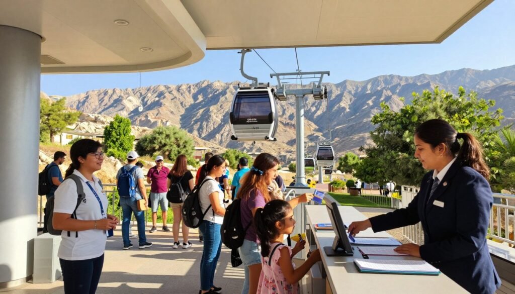 A scenic view of the Al-Soudah cable car terminal during daylight, showcasing an inviting and modern design with passengers buying tickets. In the foreground, a ticket booth is staffed by a friendly attendant wearing professional attire, interacting with a diverse group of travelers, including families and couples. The middle ground features a vibrant crowd eagerly preparing to board the cable car, with the stunning mountains of Abha visible in the distance. The background captures lush greenery and a clear blue sky, enhancing the picturesque setting. The lighting is bright and cheerful, with soft shadows, evoking a sense of adventure and excitement. The overall atmosphere is warm and welcoming, reflecting a summer outing in 2026. A scenic view of the Al-Soudah cable car terminal during daylight, showcasing an inviting and modern design with passengers buying tickets. In the foreground, a ticket booth is staffed by a friendly attendant wearing professional attire, interacting with a diverse group of travelers, including families and couples. The middle ground features a vibrant crowd eagerly preparing to board the cable car, with the stunning mountains of Abha visible in the distance. The background captures lush greenery and a clear blue sky, enhancing the picturesque setting. The lighting is bright and cheerful, with soft shadows, evoking a sense of adventure and excitement. The overall atmosphere is warm and welcoming, reflecting a summer outing in 2026.