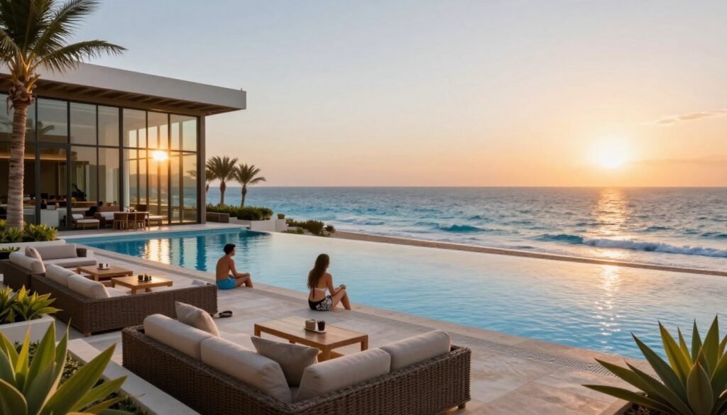 A serene coastal scene showcasing a luxurious resort on the Red Sea, emphasizing modern architecture with large glass windows reflecting the sun's rays. In the foreground, an elegantly arranged outdoor lounge area with comfortable seating and tropical plants creates an inviting atmosphere. The middle ground features the resort's infinity pool, blending seamlessly into the vibrant blue waters of the sea, while guests in modest casual clothing enjoy the stunning view. The background captures a picturesque sunset casting warm hues over the horizon, while gentle waves lap against the shore. The image is illuminated with soft golden light, evoking a sense of tranquility and exclusivity. The composition is taken from a slightly elevated angle to enhance the expansive view of the resort and ocean. A serene coastal scene showcasing a luxurious resort on the Red Sea, emphasizing modern architecture with large glass windows reflecting the sun's rays. In the foreground, an elegantly arranged outdoor lounge area with comfortable seating and tropical plants creates an inviting atmosphere. The middle ground features the resort's infinity pool, blending seamlessly into the vibrant blue waters of the sea, while guests in modest casual clothing enjoy the stunning view. The background captures a picturesque sunset casting warm hues over the horizon, while gentle waves lap against the shore. The image is illuminated with soft golden light, evoking a sense of tranquility and exclusivity. The composition is taken from a slightly elevated angle to enhance the expansive view of the resort and ocean.