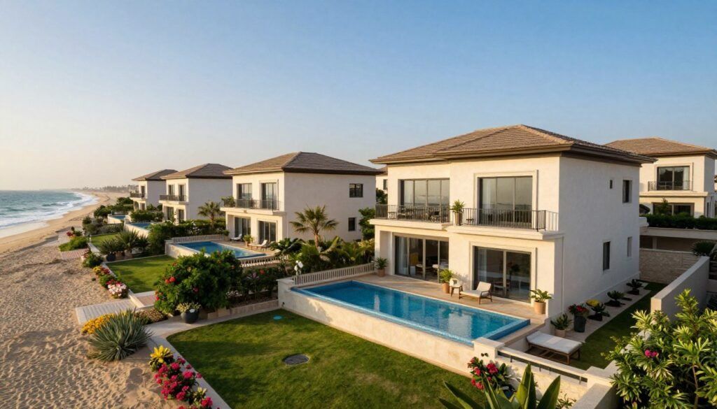 A serene coastal scene showcasing luxurious private villas in the exclusive area of Durat Al Arous, Jeddah. In the foreground, a beautifully designed villa with elegant architecture featuring large glass windows and a private swimming pool, surrounded by lush greenery and vibrant flowers. In the middle ground, additional villas can be seen, all blending harmoniously with the environment. The background features a tranquil beach with gentle waves lapping at the shore, under a clear blue sky with soft, warm sunlight illuminating the scene. The mood is peaceful and inviting, perfect for a luxurious getaway. Use a wide-angle lens to capture the expansive view, focusing on the interplay of light and shadows to enhance the atmosphere. A serene coastal scene showcasing luxurious private villas in the exclusive area of Durat Al Arous, Jeddah. In the foreground, a beautifully designed villa with elegant architecture featuring large glass windows and a private swimming pool, surrounded by lush greenery and vibrant flowers. In the middle ground, additional villas can be seen, all blending harmoniously with the environment. The background features a tranquil beach with gentle waves lapping at the shore, under a clear blue sky with soft, warm sunlight illuminating the scene. The mood is peaceful and inviting, perfect for a luxurious getaway. Use a wide-angle lens to capture the expansive view, focusing on the interplay of light and shadows to enhance the atmosphere.