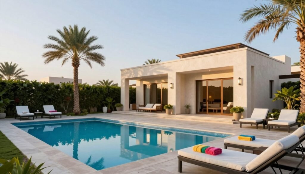 A serene outdoor setting showcasing a luxurious private chalet with a sparkling pool in Riyadh, surrounded by lush greenery and stylish patio furniture. In the foreground, a well-maintained swimming pool reflects the clear blue sky, with a few colorful poolside towels neatly arranged on lounge chairs. The middle ground features the elegant structure of the chalet, designed with modern architecture, large windows, and inviting outdoor lighting. In the background, palm trees sway gently in the warm sunlight, adding to the tranquil atmosphere. The overall mood is inviting and relaxing, ideal for families and events, captured during golden hour with soft, warm lighting, using a wide-angle lens to emphasize the space and ambiance. A serene outdoor setting showcasing a luxurious private chalet with a sparkling pool in Riyadh, surrounded by lush greenery and stylish patio furniture. In the foreground, a well-maintained swimming pool reflects the clear blue sky, with a few colorful poolside towels neatly arranged on lounge chairs. The middle ground features the elegant structure of the chalet, designed with modern architecture, large windows, and inviting outdoor lighting. In the background, palm trees sway gently in the warm sunlight, adding to the tranquil atmosphere. The overall mood is inviting and relaxing, ideal for families and events, captured during golden hour with soft, warm lighting, using a wide-angle lens to emphasize the space and ambiance.