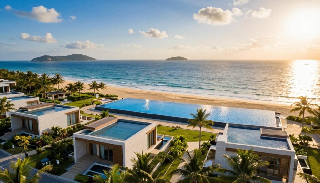 A stunning depiction of the Red Sea Project, showcasing its luxurious hospitality philosophy. In the foreground, elegantly designed beachfront villas made of sleek modern architecture, surrounded by lush tropical landscaping. The middle ground features a vibrant infinity pool with shimmering blue water, reflecting the warm golden sun. In the background, the serene Red Sea stretches out, with gentle waves lapping against the shore, and distant islands visible under a bright blue sky with soft, fluffy clouds. The atmosphere exudes tranquility and opulence, captured in warm, inviting lighting, suggesting a high-end travel destination. Use a wide-angle lens perspective to emphasize the vastness of the scenery, focusing on a seamless blend of nature and luxury.