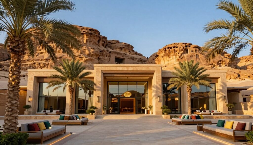 A stunning five-star hotel in Al Ula, showcasing luxurious architecture that blends seamlessly with the surrounding ancient rock formations. In the foreground, elegant palm trees sway gently, framing the hotel entrance with plush seating areas adorned with rich cushions and ambient lighting. The middle ground features the opulent hotel facade, characterized by large glass windows that reflect the beautiful desert landscape. The background displays the breathtaking mountains of Al Ula under a clear blue sky, casting soft shadows in the golden light of a late afternoon sun. The scene conveys a sense of tranquility and high-class luxury, perfect for relaxation and indulgence amidst historical wonders. A stunning five-star hotel in Al Ula, showcasing luxurious architecture that blends seamlessly with the surrounding ancient rock formations. In the foreground, elegant palm trees sway gently, framing the hotel entrance with plush seating areas adorned with rich cushions and ambient lighting. The middle ground features the opulent hotel facade, characterized by large glass windows that reflect the beautiful desert landscape. The background displays the breathtaking mountains of Al Ula under a clear blue sky, casting soft shadows in the golden light of a late afternoon sun. The scene conveys a sense of tranquility and high-class luxury, perfect for relaxation and indulgence amidst historical wonders.