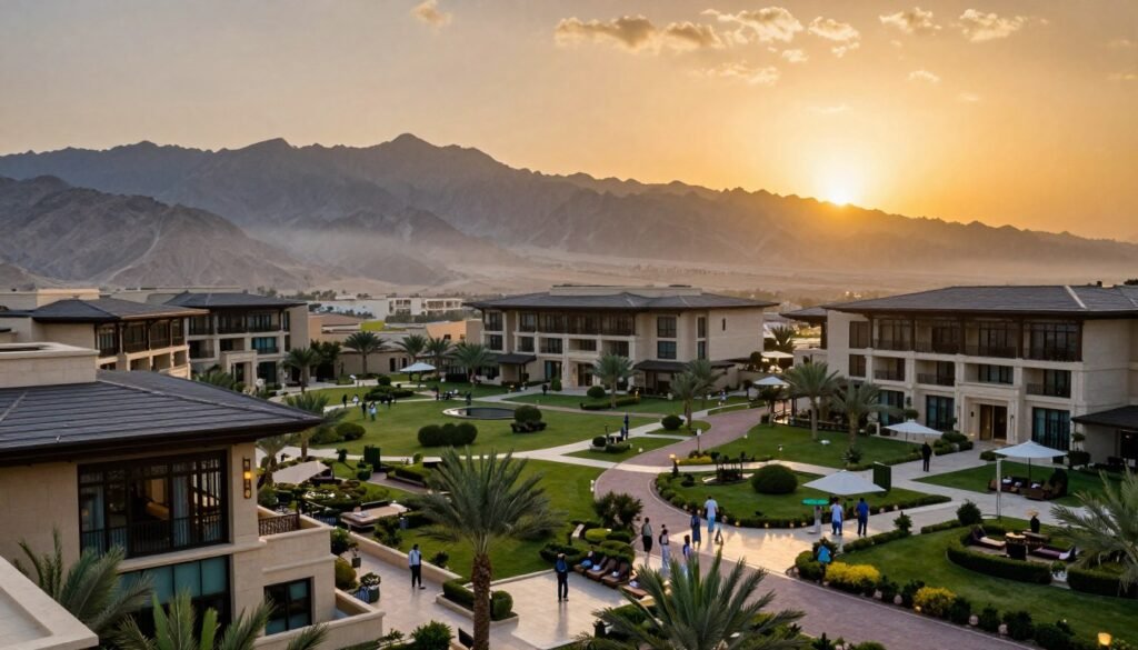 A stunning view of luxurious hotels and mountain resorts overlooking the breathtaking landscape of Taif, Saudi Arabia. In the foreground, elegant hotel architecture with modern designs and lush greenery, reflecting a sense of opulence. The middle ground features paths and amenities that invite relaxation, with guests dressed in modest casual clothing enjoying the serene environment. In the background, majestic mountains rise, cloaked in mist, under a captivating sunset sky that bathes the scene in warm, golden light. The atmosphere is tranquil, evoking a feeling of escape and luxury, captured with a wide-angle lens to showcase the beautiful scenery and ambiance harmoniously. A stunning view of luxurious hotels and mountain resorts overlooking the breathtaking landscape of Taif, Saudi Arabia. In the foreground, elegant hotel architecture with modern designs and lush greenery, reflecting a sense of opulence. The middle ground features paths and amenities that invite relaxation, with guests dressed in modest casual clothing enjoying the serene environment. In the background, majestic mountains rise, cloaked in mist, under a captivating sunset sky that bathes the scene in warm, golden light. The atmosphere is tranquil, evoking a feeling of escape and luxury, captured with a wide-angle lens to showcase the beautiful scenery and ambiance harmoniously.