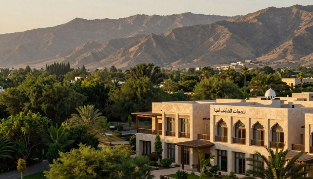 A stunning view of the "منتجعات الطائف الهدا" with lush green forests and serene mountain landscapes in the background. In the foreground, elegant hotel buildings featuring traditional Middle Eastern architecture, with large windows and balconies overlooking nature. Soft, warm lighting during golden hour enhances the inviting atmosphere, while a gentle breeze rustles through the trees. Capture the essence of tranquility, ideal for a peaceful getaway. The perspective is slightly elevated, providing a panoramic view that emphasizes the harmonious blend of human habitation and natural beauty. The scene should evoke a sense of calm and connection to nature, with no people present in the image. A stunning view of the "منتجعات الطائف الهدا" with lush green forests and serene mountain landscapes in the background. In the foreground, elegant hotel buildings featuring traditional Middle Eastern architecture, with large windows and balconies overlooking nature. Soft, warm lighting during golden hour enhances the inviting atmosphere, while a gentle breeze rustles through the trees. Capture the essence of tranquility, ideal for a peaceful getaway. The perspective is slightly elevated, providing a panoramic view that emphasizes the harmonious blend of human habitation and natural beauty. The scene should evoke a sense of calm and connection to nature, with no people present in the image.