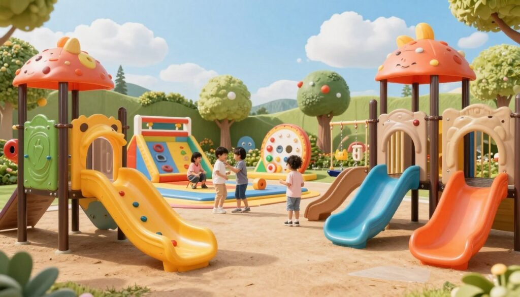 A vibrant and engaging scene featuring a variety of custom-designed play equipment for young children, specifically made for entertainment and learning. In the foreground, colorful climbing structures shaped like animals, slides, and swings entice little ones. In the middle ground, a soft play area with bright mats and interactive games fosters exploration and creativity, while children, dressed in modest casual clothing, joyfully interact with each other. In the background, a whimsical landscape with trees and cartoonish characters creates a joyful atmosphere, under a bright blue sky scattered with fluffy clouds. The lighting is soft and warm, enhancing the playful mood, captured from a slightly elevated angle to showcase the layout and vibrancy of the playground effectively. A vibrant and engaging scene featuring a variety of custom-designed play equipment for young children, specifically made for entertainment and learning. In the foreground, colorful climbing structures shaped like animals, slides, and swings entice little ones. In the middle ground, a soft play area with bright mats and interactive games fosters exploration and creativity, while children, dressed in modest casual clothing, joyfully interact with each other. In the background, a whimsical landscape with trees and cartoonish characters creates a joyful atmosphere, under a bright blue sky scattered with fluffy clouds. The lighting is soft and warm, enhancing the playful mood, captured from a slightly elevated angle to showcase the layout and vibrancy of the playground effectively.