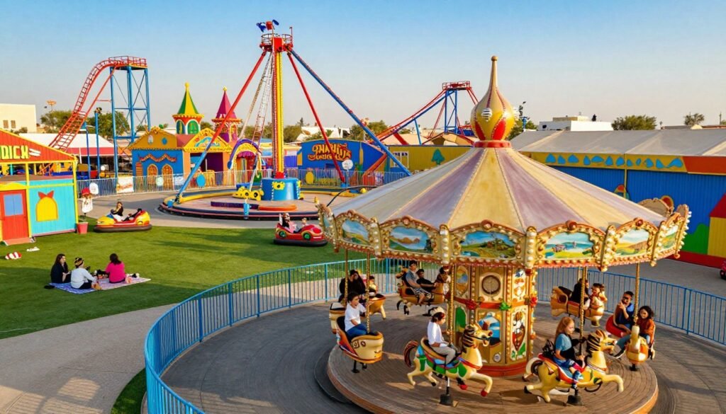A vibrant children's amusement park in Riyadh, filled with colorful rides and attractions designed specifically for kids. In the foreground, a carousel spins joyfully with children and parents enjoying the ride, showcasing laughter and excitement. The middle ground features a variety of amusement rides like roller coasters, funhouses, and bumper cars, all adorned with bright banners and playful designs. In the background, a sunny blue sky casts warm light over the park, accentuating the happy atmosphere, with families having picnics on the grass. Capture this scene from a slightly elevated angle to give a panoramic view, ensuring the mood is cheerful and lively, perfect for young children enjoying a day of fun and adventure in Riyadh. A vibrant children's amusement park in Riyadh, filled with colorful rides and attractions designed specifically for kids. In the foreground, a carousel spins joyfully with children and parents enjoying the ride, showcasing laughter and excitement. The middle ground features a variety of amusement rides like roller coasters, funhouses, and bumper cars, all adorned with bright banners and playful designs. In the background, a sunny blue sky casts warm light over the park, accentuating the happy atmosphere, with families having picnics on the grass. Capture this scene from a slightly elevated angle to give a panoramic view, ensuring the mood is cheerful and lively, perfect for young children enjoying a day of fun and adventure in Riyadh.