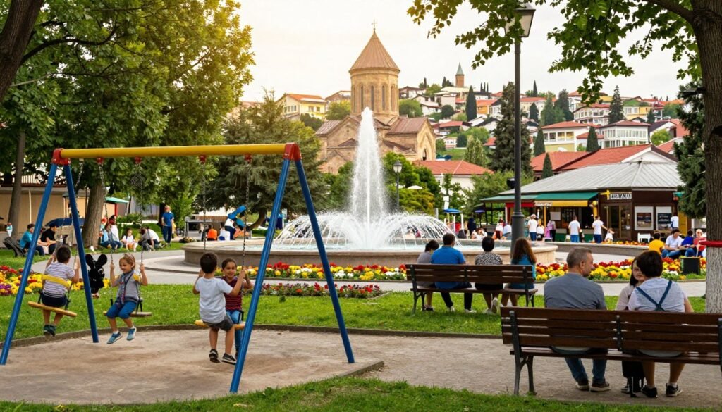 A vibrant family-friendly scene in Tbilisi, Georgia, showcasing a lively park filled with families enjoying their day. In the foreground, children are playing on colorful swings while parents sit on benches, engaged in pleasant conversations. The middle ground features a beautiful fountain surrounded by blooming flowers, with the iconic architecture of Tbilisi's old town visible in the background. Soft, warm sunlight filters through the trees, creating a cheerful and inviting atmosphere. The camera angle is slightly elevated, capturing the dynamic energy of the park and the stunning backdrop of Tbilisi's hills and historic buildings. The image conveys a sense of joy and togetherness, ideal for families visiting the city.