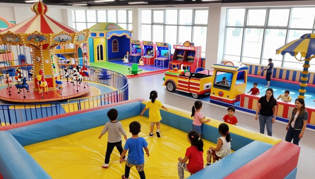A vibrant indoor children's amusement park in Riyadh, showcasing an array of play areas, colorful rides, and engaging attractions. In the foreground, children are joyfully playing on a soft play structure, wearing bright, playful clothing, while their parents supervise happily. The middle ground features various attractions like a carousel, arcade games, and a mini train, all adorned with cheerful decorations. The background shows large windows letting in soft, natural light, illuminating the lively atmosphere. The mood is energetic and fun, with a sense of excitement in the air. The overall color palette is bright and inviting, emphasizing the child-friendly environment. The scene is captured from a slightly elevated angle to provide a comprehensive view of the park. A vibrant indoor children's amusement park in Riyadh, showcasing an array of play areas, colorful rides, and engaging attractions. In the foreground, children are joyfully playing on a soft play structure, wearing bright, playful clothing, while their parents supervise happily. The middle ground features various attractions like a carousel, arcade games, and a mini train, all adorned with cheerful decorations. The background shows large windows letting in soft, natural light, illuminating the lively atmosphere. The mood is energetic and fun, with a sense of excitement in the air. The overall color palette is bright and inviting, emphasizing the child-friendly environment. The scene is captured from a slightly elevated angle to provide a comprehensive view of the park.
