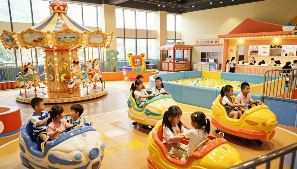 A vibrant, inviting indoor amusement park scene focusing on children engaged in various activities. In the foreground, a diverse group of children, aged 5-10 years, joyfully playing on colorful rides and attractions, showcasing their excitement. The middle ground features whimsical rides, such as a carousel and a ball pit, adorned with bright, playful colors. In the background, large windows let in soft, natural light, illuminating the space and enhancing the cheerful atmosphere. Include family-friendly amenities like food stalls and safety features to emphasize child-friendly standards. Capture a sense of wonder and joy, evoking a magical environment perfect for family fun. Use a wide-angle lens to encompass the bustling energy of the park while maintaining a warm, inviting atmosphere. A vibrant, inviting indoor amusement park scene focusing on children engaged in various activities. In the foreground, a diverse group of children, aged 5-10 years, joyfully playing on colorful rides and attractions, showcasing their excitement. The middle ground features whimsical rides, such as a carousel and a ball pit, adorned with bright, playful colors. In the background, large windows let in soft, natural light, illuminating the space and enhancing the cheerful atmosphere. Include family-friendly amenities like food stalls and safety features to emphasize child-friendly standards. Capture a sense of wonder and joy, evoking a magical environment perfect for family fun. Use a wide-angle lens to encompass the bustling energy of the park while maintaining a warm, inviting atmosphere.