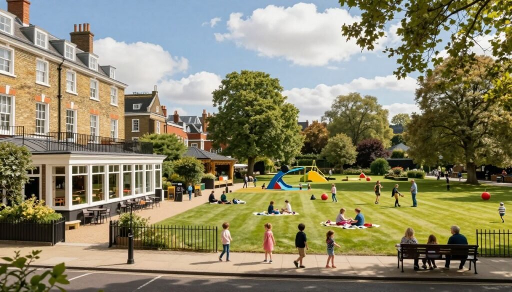 A warm and inviting view of family-friendly hotels near Hyde Park in London, showcasing a picturesque street scene filled with greenery and children's play areas. In the foreground, a cozy hotel with welcoming architecture and large windows, surrounded by families enjoying outdoor activities. The middle ground features lush green lawns where children play, families having picnics, and parents supervising. In the background, iconic London architecture contrasts with the vibrant natural setting, framed by bright blue skies and fluffy clouds. The scene is illuminated by soft, natural sunlight, creating an uplifting atmosphere. Use a slightly elevated angle to capture both the hotel's charm and the park's lively ambiance, evoking a sense of relaxation and joy for families visiting the area. A warm and inviting view of family-friendly hotels near Hyde Park in London, showcasing a picturesque street scene filled with greenery and children's play areas. In the foreground, a cozy hotel with welcoming architecture and large windows, surrounded by families enjoying outdoor activities. The middle ground features lush green lawns where children play, families having picnics, and parents supervising. In the background, iconic London architecture contrasts with the vibrant natural setting, framed by bright blue skies and fluffy clouds. The scene is illuminated by soft, natural sunlight, creating an uplifting atmosphere. Use a slightly elevated angle to capture both the hotel's charm and the park's lively ambiance, evoking a sense of relaxation and joy for families visiting the area.