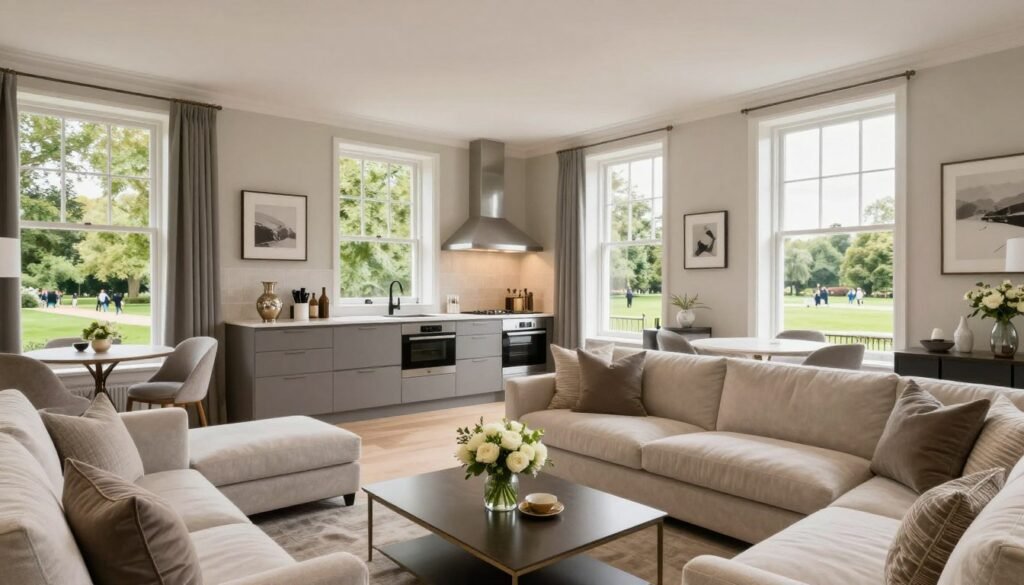 Luxurious serviced apartments in Hyde Park, London, showcasing elegant interiors with modern furnishings. In the foreground, a stylish living area with a plush sofa and a coffee table adorned with a small vase of fresh flowers. The middle ground features an open kitchen with sleek appliances and decorative accents. Large windows allow soft, natural light to flood the space, illuminating neutral tones and tasteful decor. The background reveals a glimpse of Hyde Park outside, with lush greenery and distant park visitors enjoying leisurely strolls. The mood is sophisticated and inviting, perfect for long-term stays. Bright, airy atmosphere captured with a wide-angle lens, emphasizing comfort and style. Luxurious serviced apartments in Hyde Park, London, showcasing elegant interiors with modern furnishings. In the foreground, a stylish living area with a plush sofa and a coffee table adorned with a small vase of fresh flowers. The middle ground features an open kitchen with sleek appliances and decorative accents. Large windows allow soft, natural light to flood the space, illuminating neutral tones and tasteful decor. The background reveals a glimpse of Hyde Park outside, with lush greenery and distant park visitors enjoying leisurely strolls. The mood is sophisticated and inviting, perfect for long-term stays. Bright, airy atmosphere captured with a wide-angle lens, emphasizing comfort and style.