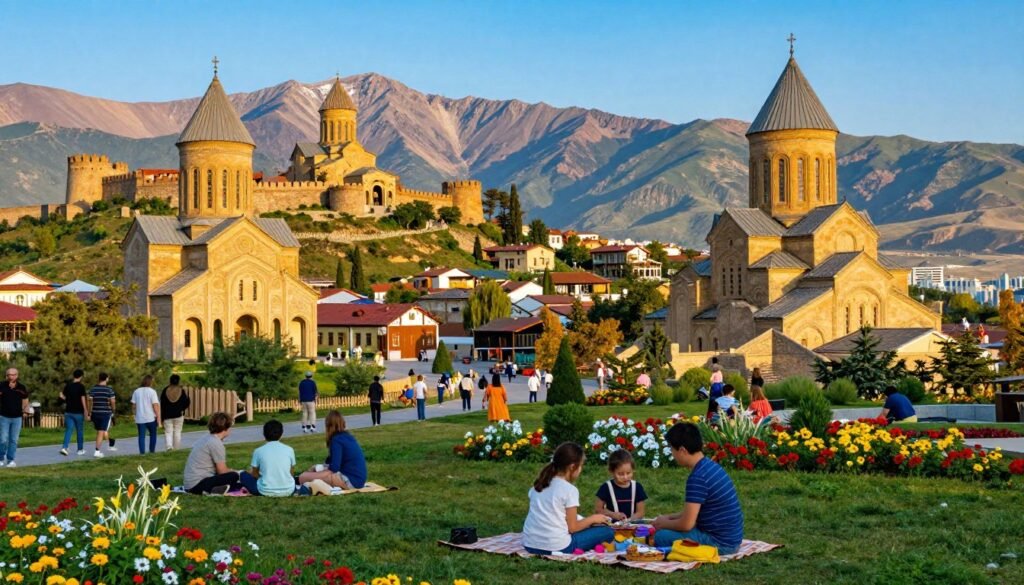 Vibrant landscape showcasing the key tourist attractions of Georgia. In the foreground, a family enjoys a picnic in a scenic park surrounded by lush greenery and colorful flowers, dressed in modest casual clothing. The middle ground features iconic Georgian architecture, including the ornate Tbilisi Old Town and the majestic Narikala Fortress on a hill, with families exploring the area. In the background, the dramatic Caucasus Mountains rise under a clear blue sky. Soft, warm sunlight casts a golden hue over the scene, creating a welcoming atmosphere. The perspective is slightly elevated, offering a panoramic view that captures the essence of Georgia's rich culture and natural beauty. The overall mood is cheerful and inviting, perfect for family travelers.