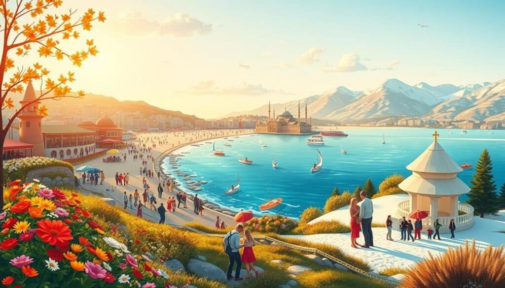 A beautiful illustration of the four tourist seasons in Turkey, highlighting the unique characteristics of each. In the foreground, depict vibrant spring flowers and colorful spring festivals, symbolizing renewal and growth. The middle ground should showcase bustling summer beaches with families enjoying the warm sun and clear turquoise waters of the Mediterranean, along with lively cultural events. As autumn approaches, capture the stunning fall foliage of Central Anatolia, with tourists savoring local harvest festivals. Finally, the background should feature snowy landscapes of Eastern Turkey, emphasizing winter activities like skiing in the mountains and cozy gatherings around a warm fire. The scene should be bathed in golden hour lighting, creating a warm and inviting atmosphere, with a broad landscape view and a slight aerial perspective to showcase the diverse beauty of Turkey's seasons.