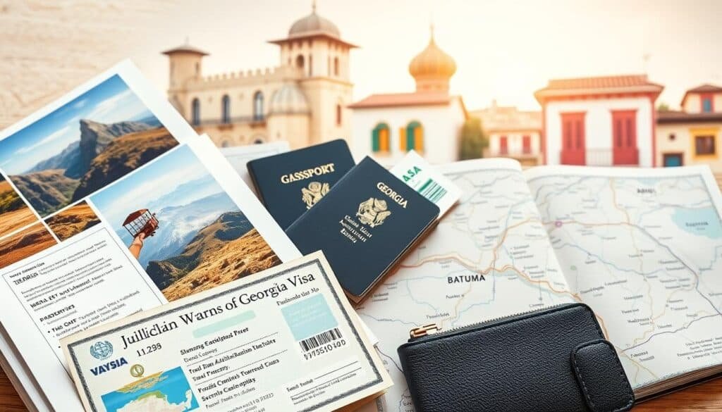 A beautifully arranged flat lay of a Georgia visa and travel essentials for Saudi Arabian families. In the foreground, showcase an open Georgian visa alongside a detailed travel guidebook featuring stunning landscapes of Georgia. Include a travel itinerary and a map of Georgia with marked attractions like Tbilisi, Kazbegi, and Batumi. In the middle, incorporate a stylish passport and a pair of travel tickets, subtly hinting at the adventure to come. In the background, use a soft-focus image of iconic Georgian architecture, such as the Narikala Fortress and colorful balconies of Tbilisi, bathed in warm, inviting sunlight. The overall atmosphere should be vibrant and welcoming, evoking a sense of excitement for travel. Use natural lighting to create an inviting mood.