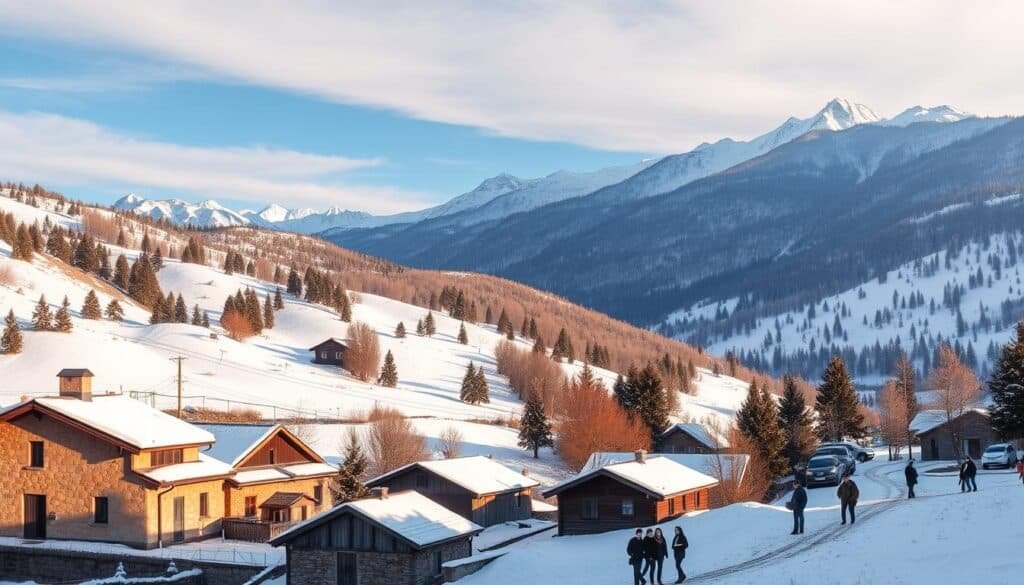 A breathtaking winter scene showcasing the beauty of global tourism in Georgia and Azerbaijan. In the foreground, a picturesque village with traditional stone houses, snow-covered rooftops, and people dressed in modest winter attire enjoying the scenery. The middle ground features rolling hills blanketed in fresh snow, with pine trees lined along the slopes. In the background, majestic mountain peaks rise under a clear blue sky, providing a stunning contrast against the white landscape. Soft, golden sunlight bathes the scene, creating a warm and inviting atmosphere. The overall mood is serene and festive, perfect for illustrating winter travel destinations.