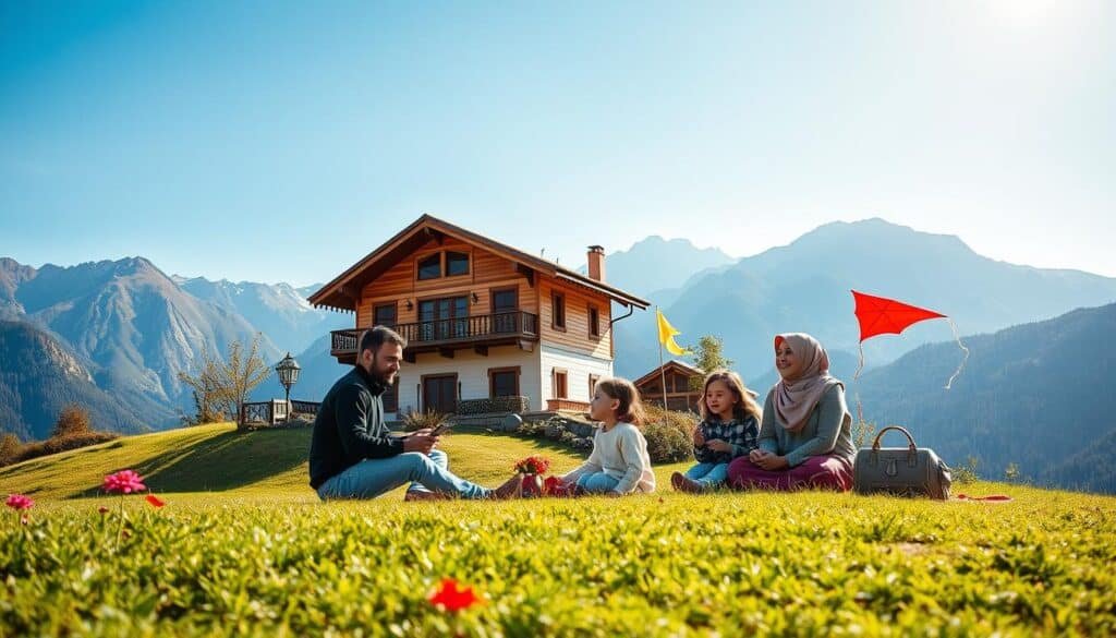 A captivating family scene in Georgia, showcasing a picturesque landscape ideal for Saudi families. In the foreground, a group of four people, two adults and two children, dressed in modest casual clothing, are enjoying a picnic on a green hillside. The adults are smiling as they watch the children play with a kite. In the middle ground, a charming traditional Georgian house with intricate wooden balconies can be seen, surrounded by vibrant flowers. In the background, majestic mountains rise under a clear blue sky, bathed in warm sunlight, creating a welcoming and serene atmosphere. The overall mood is joyful and inviting, emphasizing Georgia as a perfect family-friendly destination. The angle captures both the family and the breathtaking landscape harmoniously.