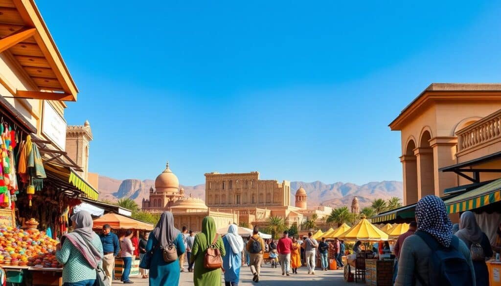 A captivating landscape showcasing affordable travel destinations that are popular among Saudi tourists. In the foreground, depict a vibrant street scene with travelers, dressed in modest casual clothing, enjoying a local market filled with colorful handicrafts and street food. In the middle ground, present landmarks from various affordable countries, such as ancient ruins, charming plazas, and scenic beaches, each reflecting their unique culture and history. The background should feature gently rolling hills or distant mountains under a clear blue sky to convey a sense of adventure and exploration. Natural sunlight bathes the scene, enhancing the warm, welcoming atmosphere. The composition should be framed with a slight upward angle to emphasize the beauty of these inviting destinations, inspiring viewers to imagine their next travel journey.